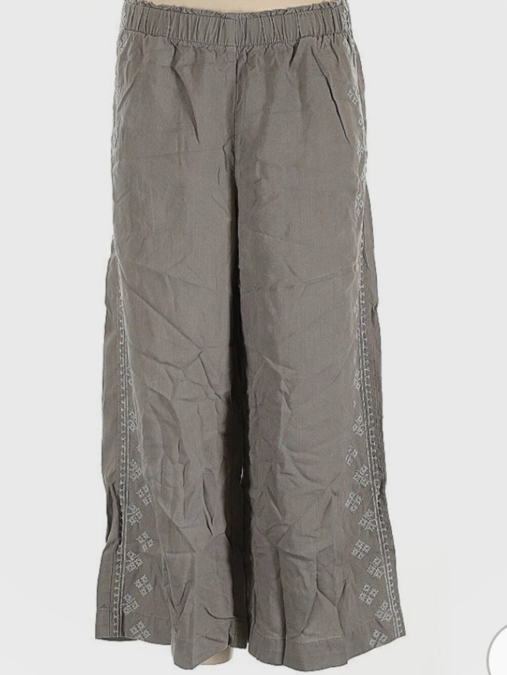 Wide Leg Embroidered Linen-Blend Pants — Light Grey/Taupe